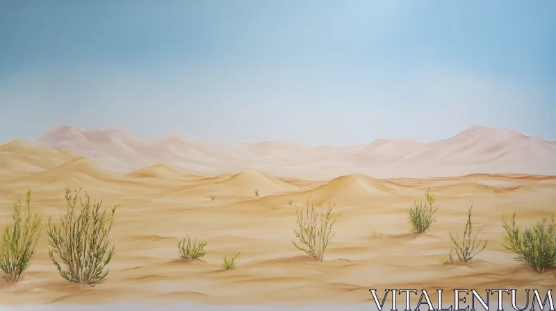 AI ART Tranquil Desert Scene with Shrubs and Horizon