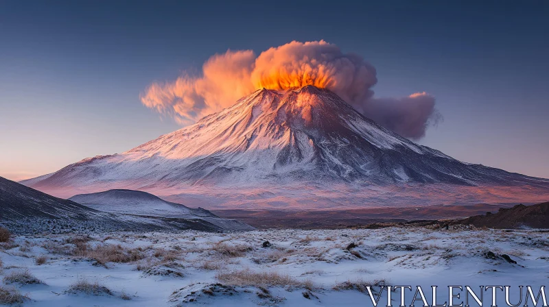 Volcano Eruption in Snowy Landscape at Dawn AI Image