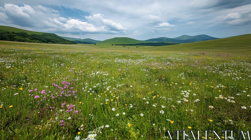 Wildflower Field with Hills and Sky AI Image