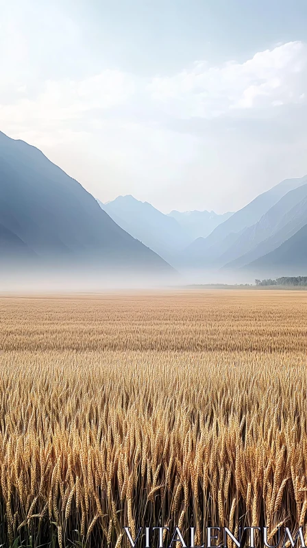 AI ART Golden Wheat Field with Misty Mountains