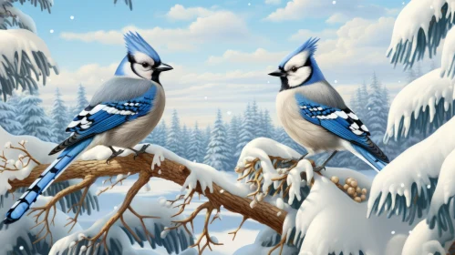 Azure Birds on Snowy Branch: A Surrealistic Cartoonish Illustration