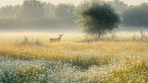 Peaceful Meadow with Lone Deer at Dawn