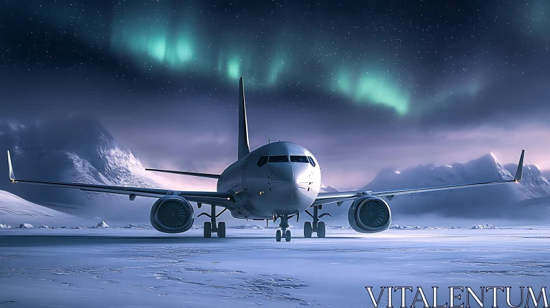 Airplane and Northern Lights in Winter Wonderland AI Image