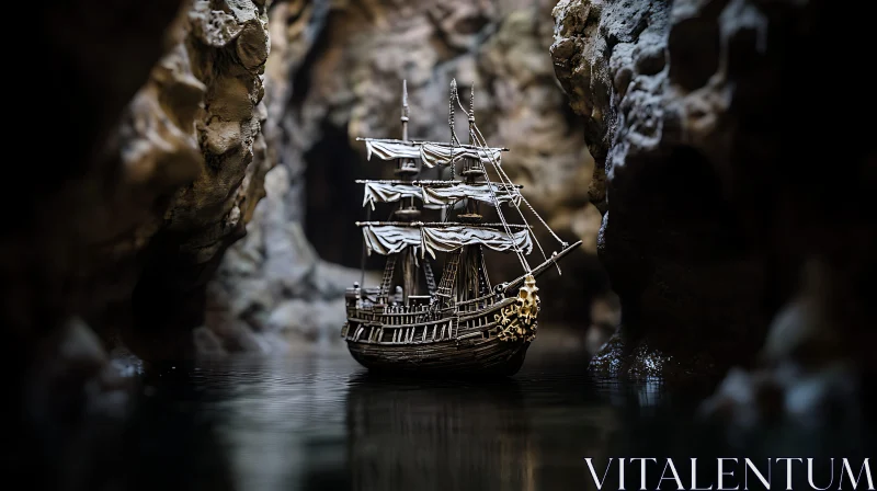 Historical Ship Model in a Shadowy Cave AI Image