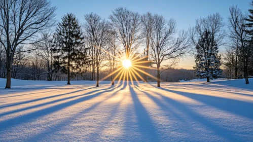 Winter Morning Sunburst in a Snowy Forest