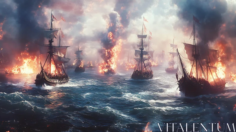 Burning Ships in Chaotic Ocean Battle AI Image