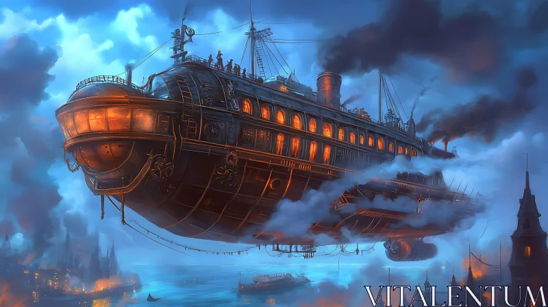 Steampunk Airship Hovering Above City AI Image