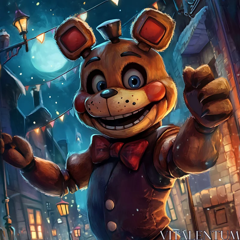 AI ART Animated Bear with Festive Lights and Evening Moon