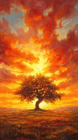 Sunset Landscape with Majestic Tree