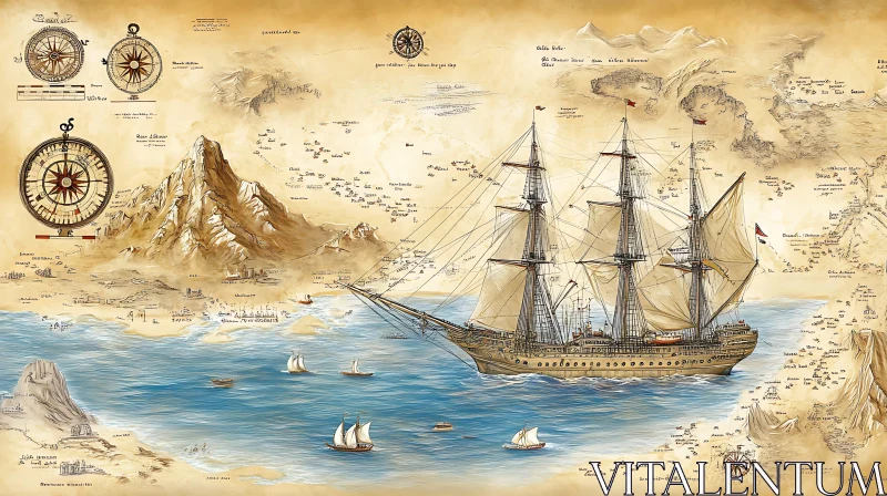 Detailed Vintage Ship Illustration with Maritime Map AI Image