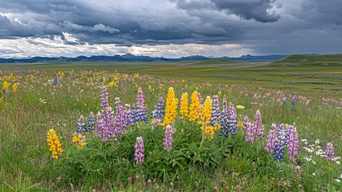 Colorful Blooming Field Against Mountainous Horizon