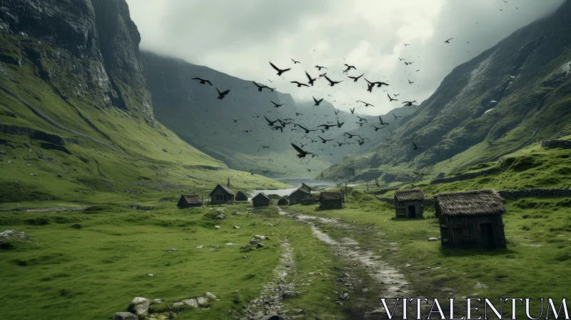 Mountain Scenery with Houses and Birds: An Emotional Landscape AI Image