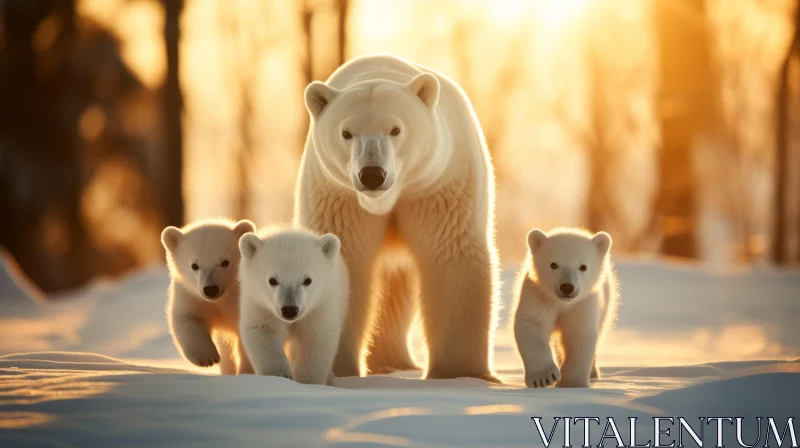 Polar Bear Family in Sunlight - A Mother's Love in the Heart of Winter AI Image
