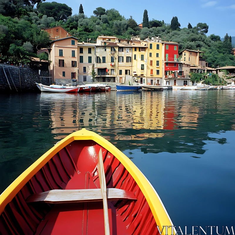 Scenic Village and Boat Reflection AI Image