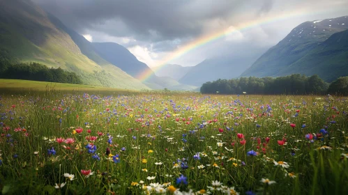 Picturesque Field of Flowers with Rainbow and Mountains