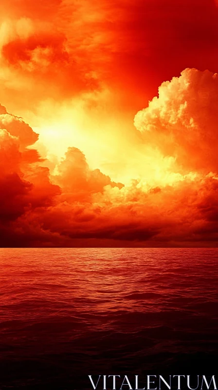 AI ART Dramatic Fiery Sunset Over Ocean