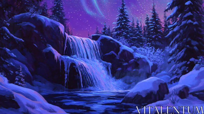 AI ART Aurora Sky Over Snowy Waterfall