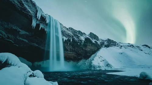 Majestic Snowy Waterfall with Northern Lights