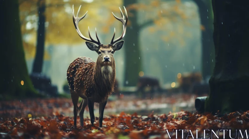 Autumnal Deer in Forest Rain - Baroque Animal Art AI Image