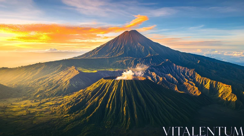 AI ART Golden Sunrise Illuminating Volcanic Peaks