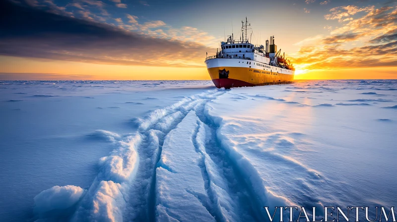 Sunset Journey of an Icebreaker through Frozen Waters AI Image