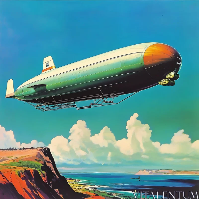 Vintage Airship Over Scenic Coastline AI Image