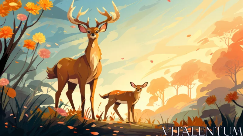 Deer in Autumn Scene: A Cartoon Realism Art Piece AI Image