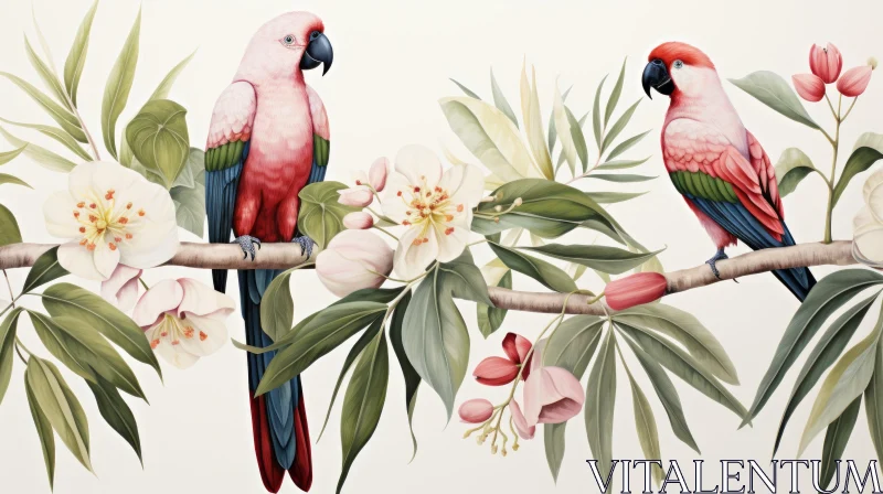 Exquisite Painting of Parrots Amidst Floral Splendor AI Image
