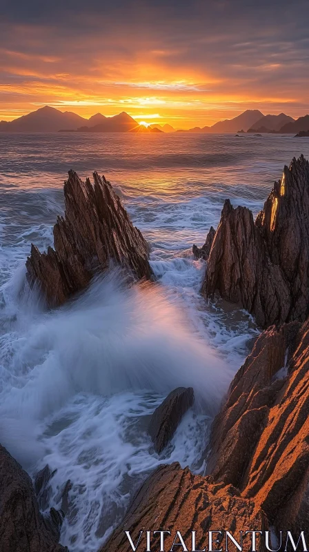 Sunset Over Rocky Coastline with Waves and Mountains AI Image