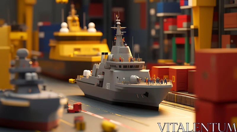 Detailed Model of Military Ship at Busy Dock AI Image