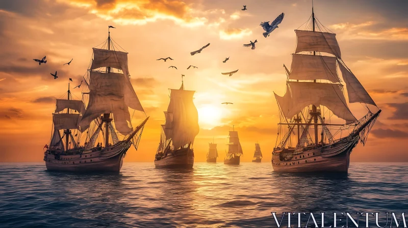 Sunset Over Historic Sailing Vessels on the Ocean AI Image