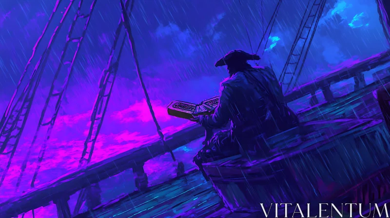 Pirate in Rain with Map on Deck AI Image