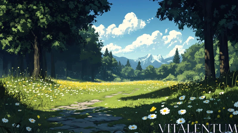 AI ART Peaceful Meadow Landscape with Wildflowers and Mountains