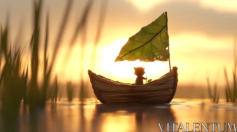 Magical Leaf-Sail Boat at Sunset AI Image