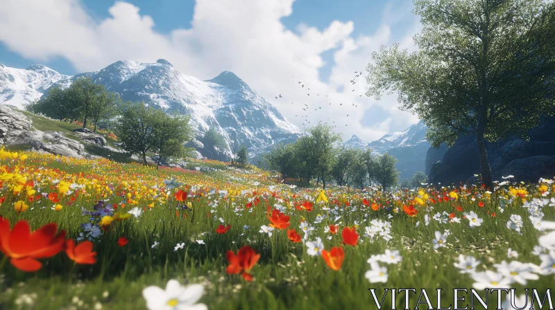 AI ART Serene Floral Meadow with Majestic Mountains and Blue Sky