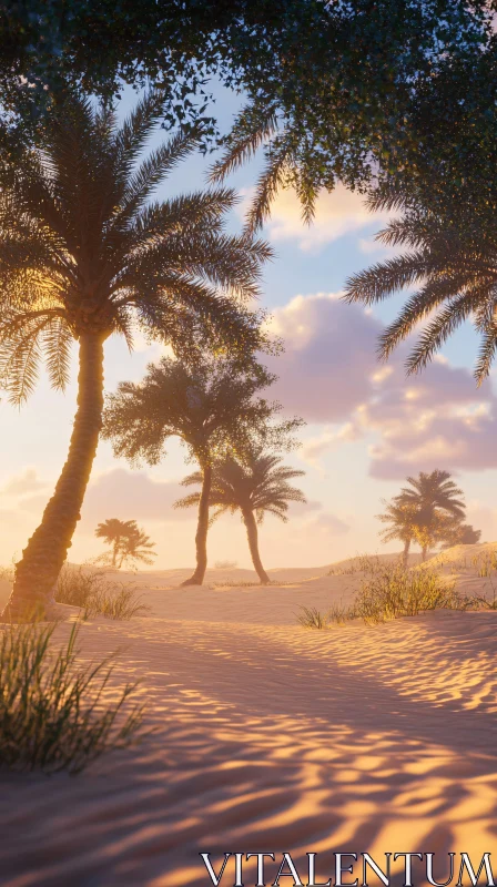 AI ART Tranquil Desert with Palm Trees in Golden Hour