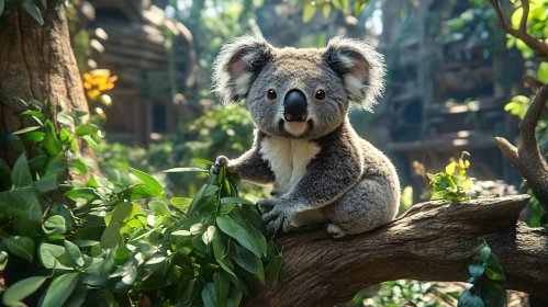 Koala on Tree in Sunlit Forest