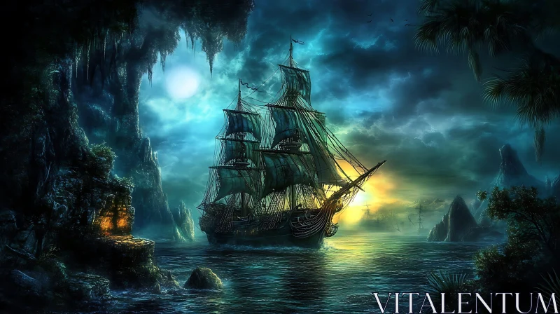 Ethereal Night Voyage of a Majestic Ship AI Image