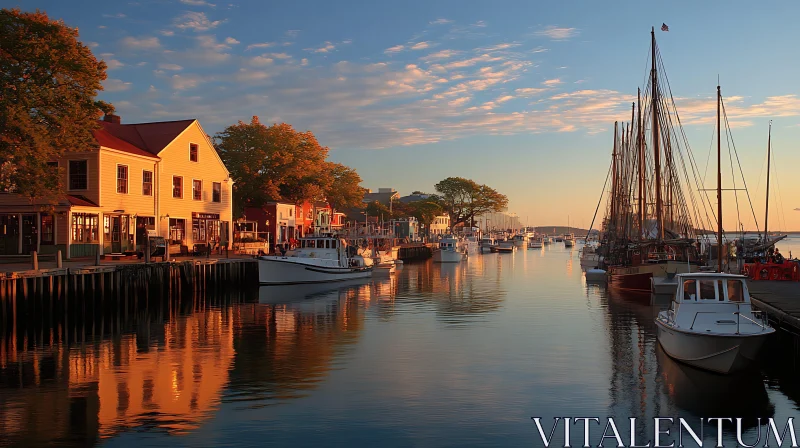 Sunset Harbor View with Boats and Reflected Buildings AI Image