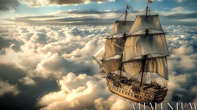 Sailing Ship Amidst Fluffy Clouds AI Image