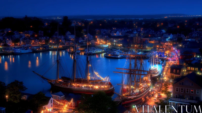 Harbor Night Scene with Glowing Ships and Lights AI Image