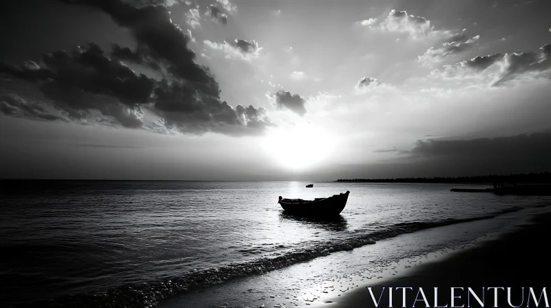 Lone Boat at Sunset in Black and White AI Image