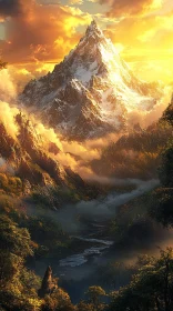 Golden Sunset over a Snowy Mountain Peak