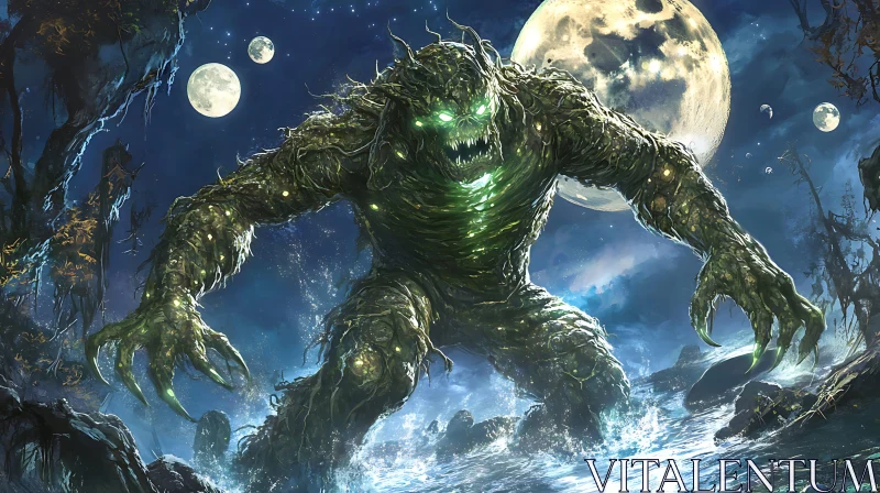 Eerie Swamp Beast and Full Moon AI Image