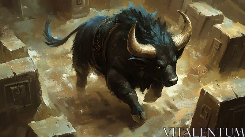 Black Bull in Stone Maze AI Image