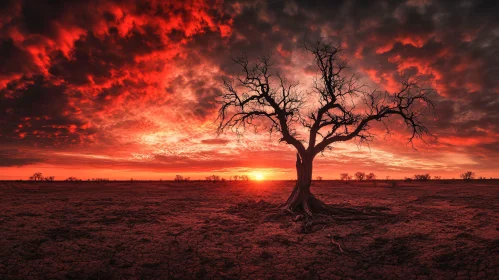 Dramatic Sunset Landscape with Tree Silhouette