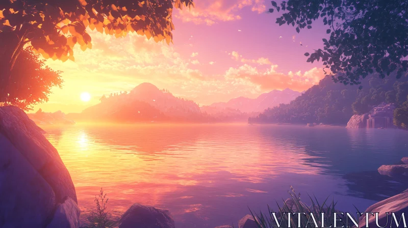 Majestic Sunset with Mountain Background AI Image