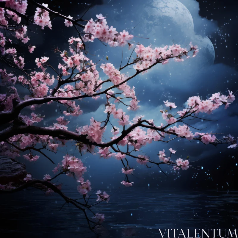 Moonlit Sakura Tree: Night Sky Floral Surrealism Art AI Image