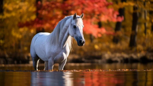 White Horse Amidst Autumn Leaves in River Wallpaper