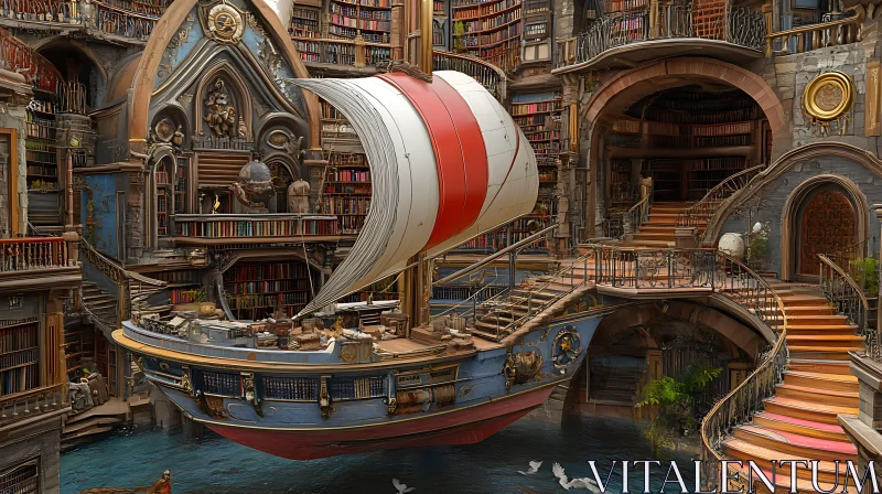 Sailing Ship Amidst Grand Library Architecture AI Image